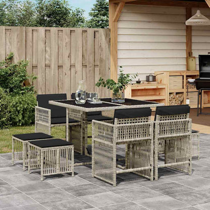 Set Pranzo da Giardino 9pz con Cuscini Grigio Chiaro Polyrattan