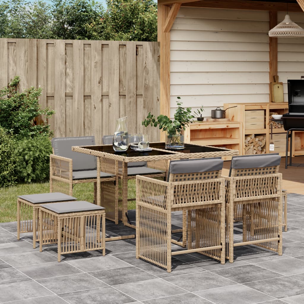 Set Pranzo da Giardino 9 pz con Cuscini Beige Misto Polyrattan