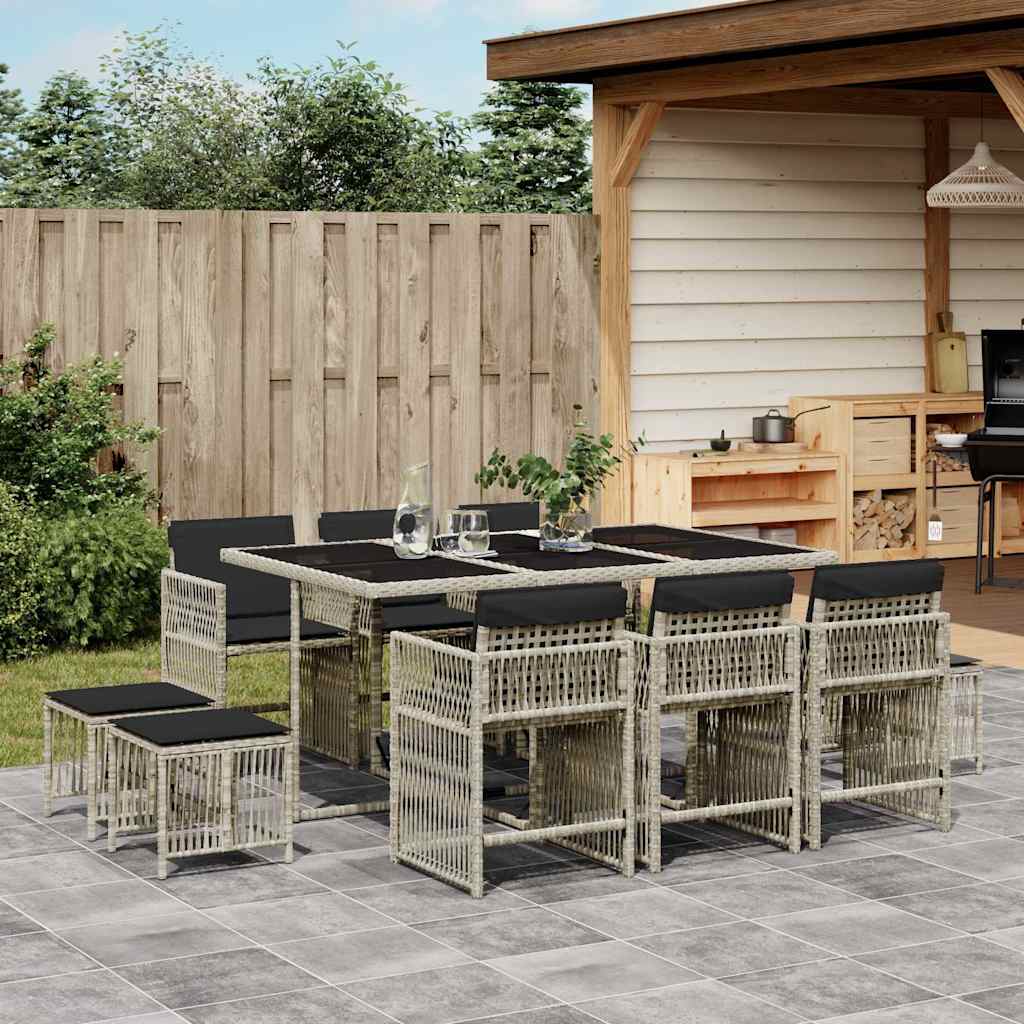 Set Pranzo Giardino 11pz con Cuscini Grigio Chiaro Polyrattan