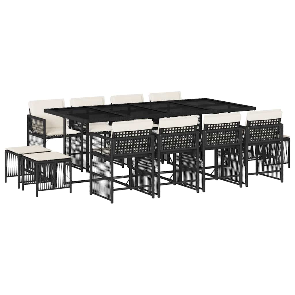 Set da Pranzo da Giardino 13pz con Cuscini Nero in Polyrattan