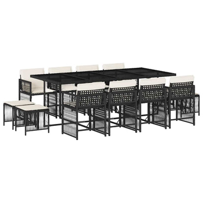 Set da Pranzo da Giardino 13pz con Cuscini Nero in Polyrattan