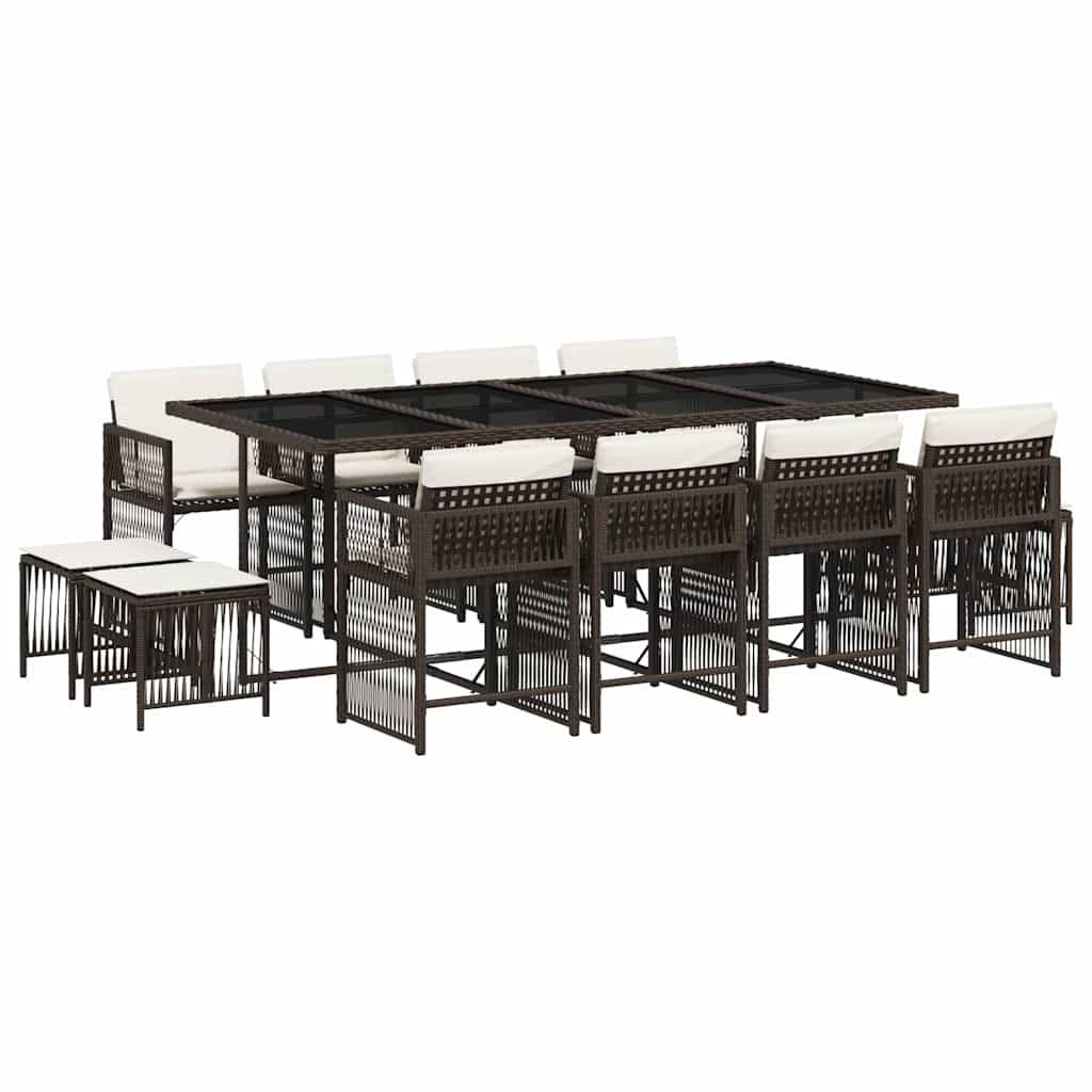Set da Pranzo da Giardino 13pz con Cuscini Marrone Polyrattan
