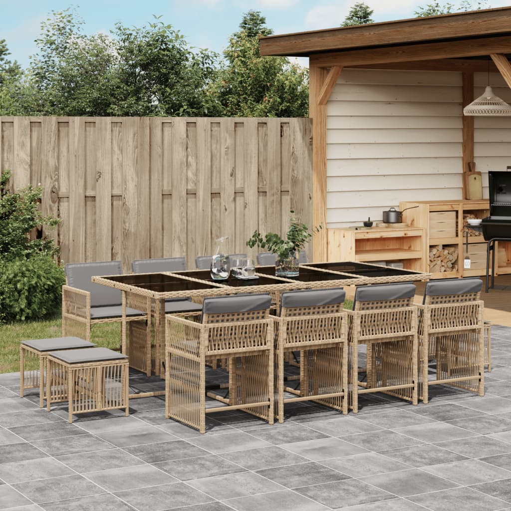 Set Pranzo da Giardino 13 pz con Cuscini Beige Misto Polyrattan