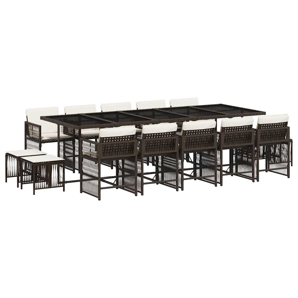 Set da Pranzo da Giardino 15 pz con Cuscini Marrone Polyrattan