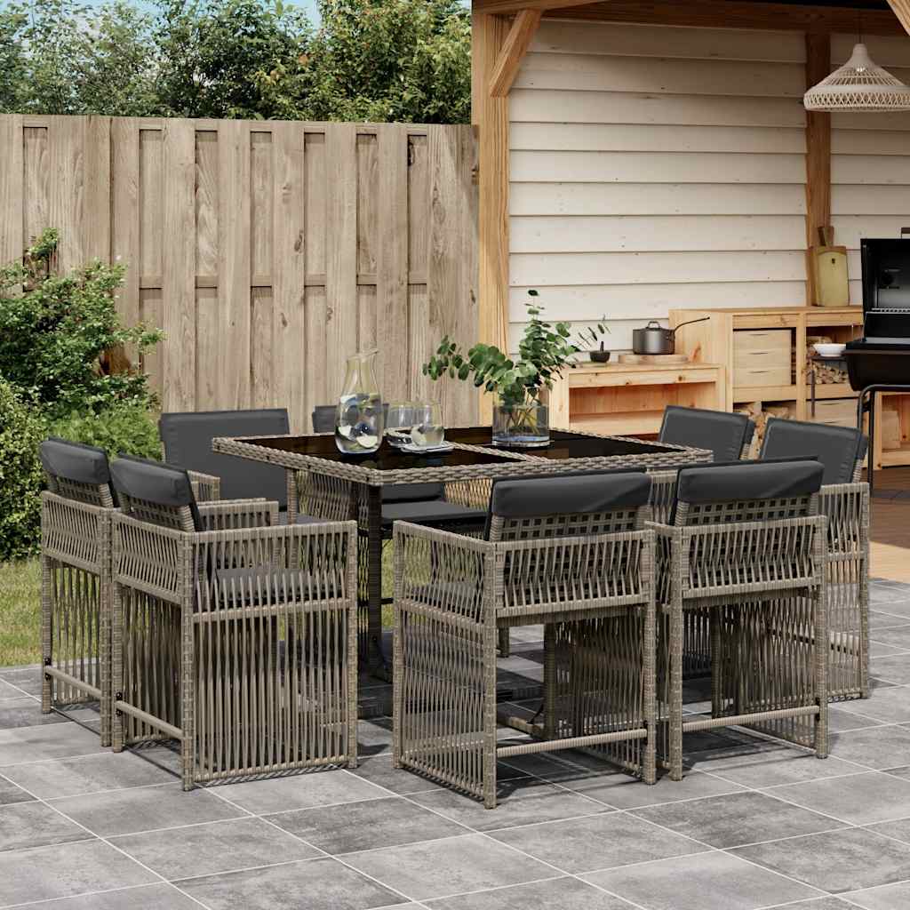 Set da Pranzo da Giardino 9 pz con Cuscini in Polyrattan Grigio