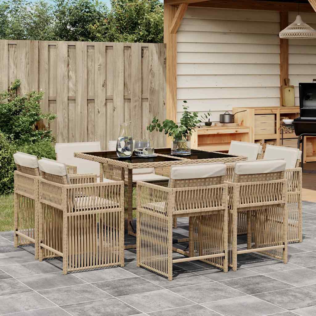 Set da Pranzo da Giardino 9 pz con Cuscini Beige in Polyrattan