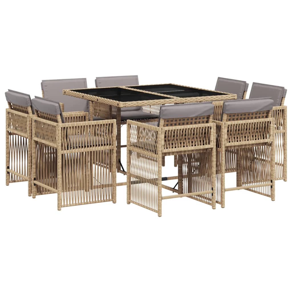 Set Pranzo da Giardino 9 pz con Cuscini Beige Misto Polyrattan