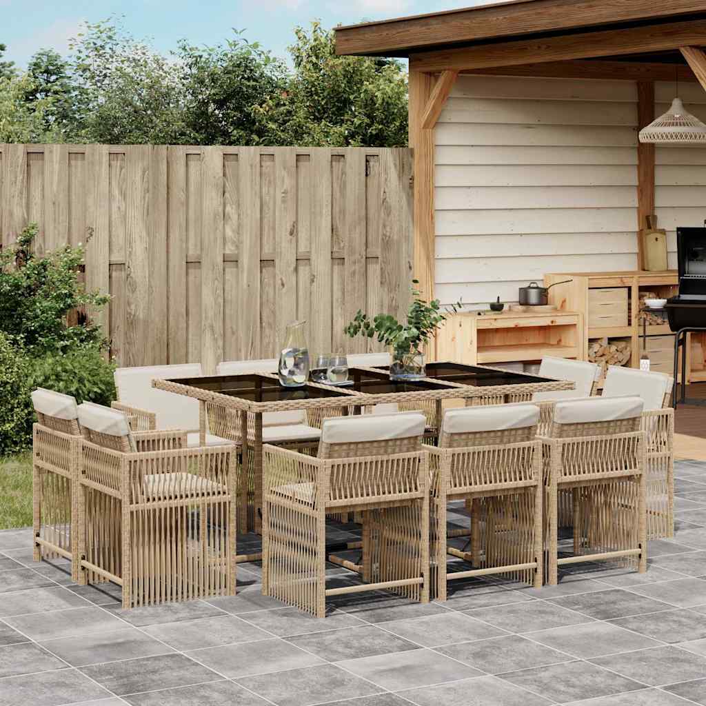 Set da Pranzo da Giardino 11 pz con Cuscini Beige in Polyrattan