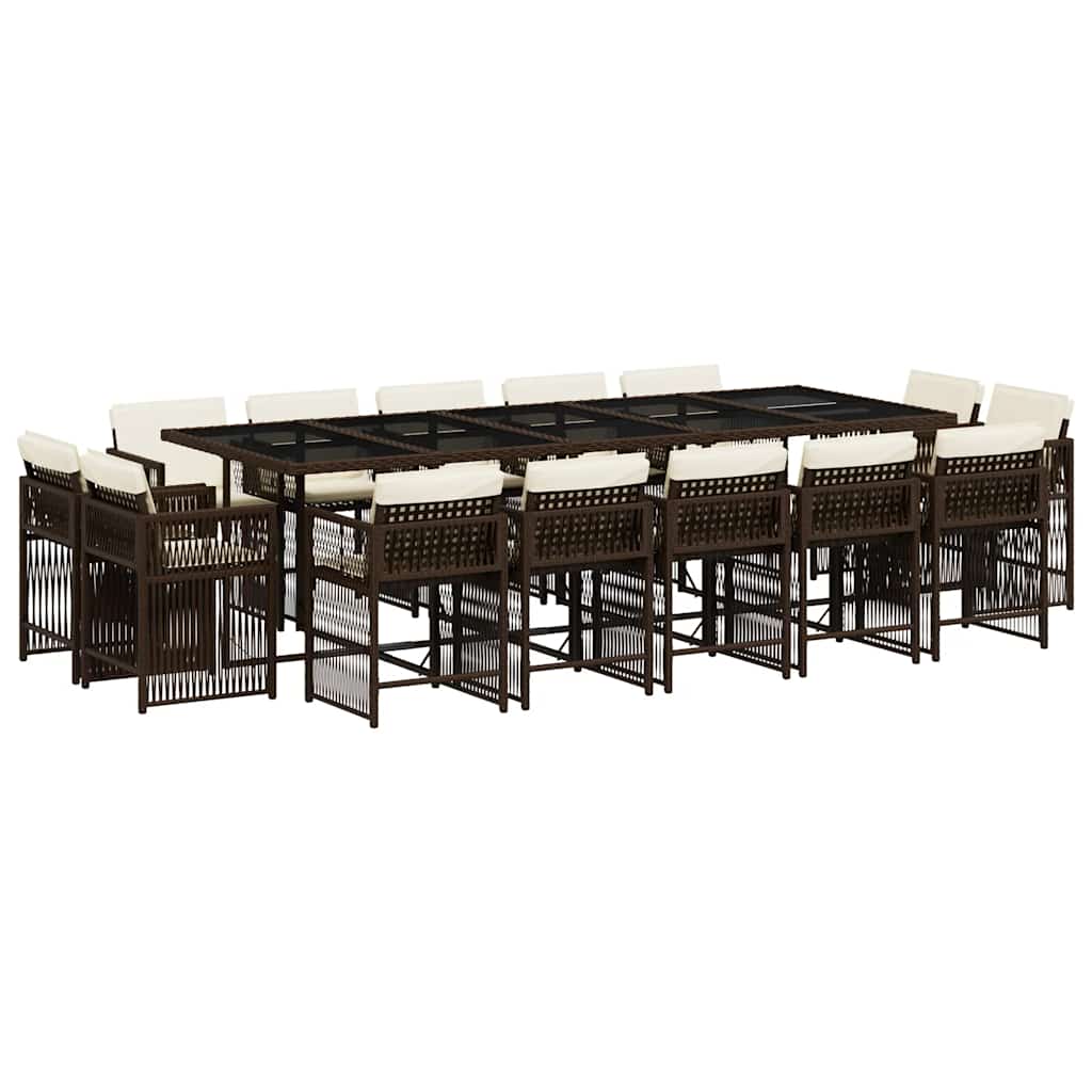 Set da Pranzo da Giardino 15 pz con Cuscini Marrone Polyrattan