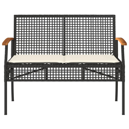Panca da Giardino con Cuscino Nera in Polyrattan e Legno Acacia