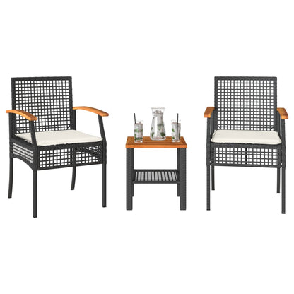 Set da BistrÃƒÆ’Ã‚Â² 3 pz con Cuscini Nero Polyrattan e Legno Acacia