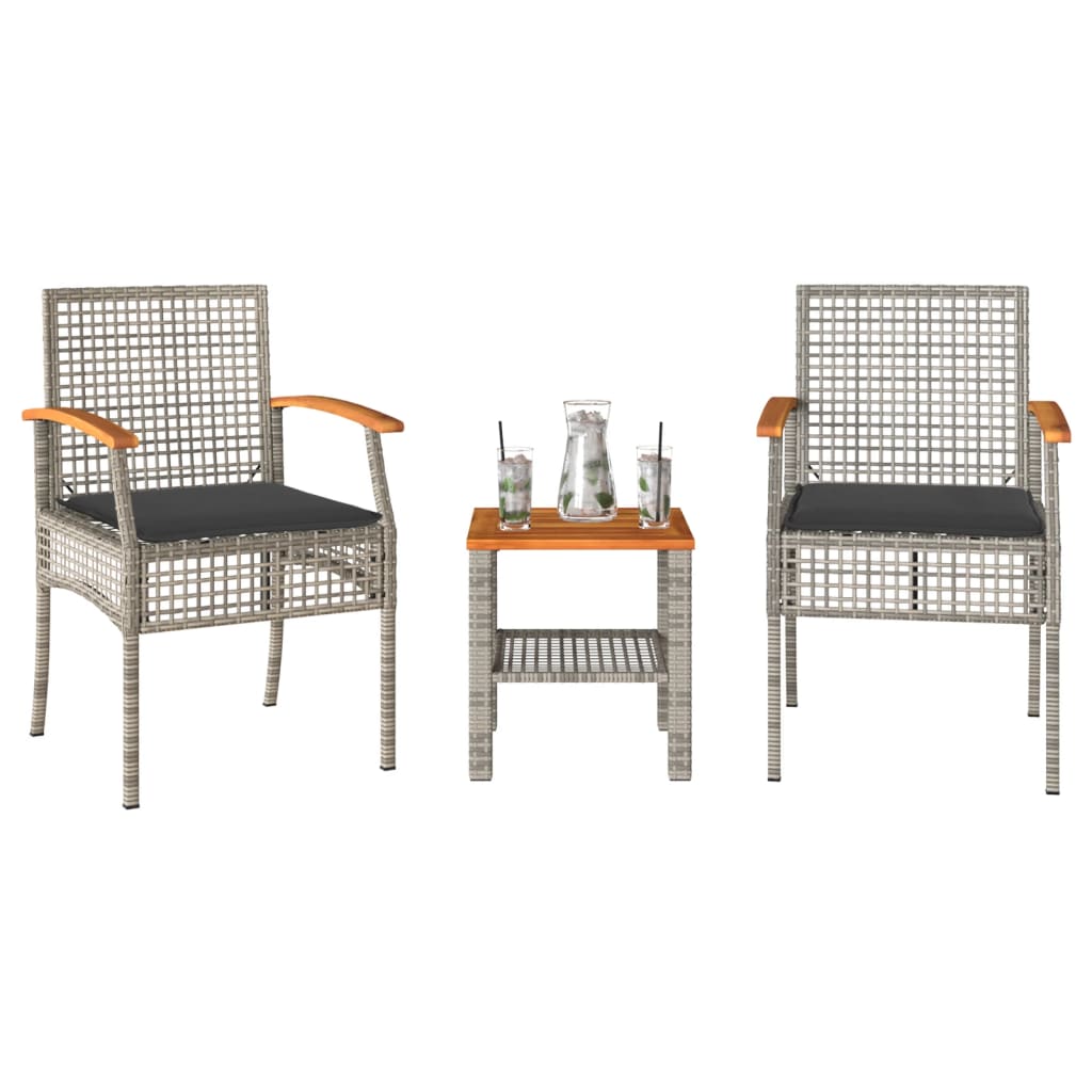 Set da BistrÃ² 3 pz con Cuscini Grigio Polyrattan e Legno Acacia