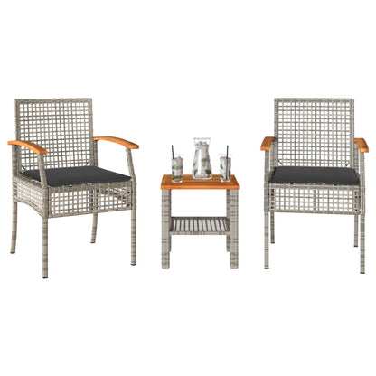 Set da BistrÃ² 3 pz con Cuscini Grigio Polyrattan e Legno Acacia