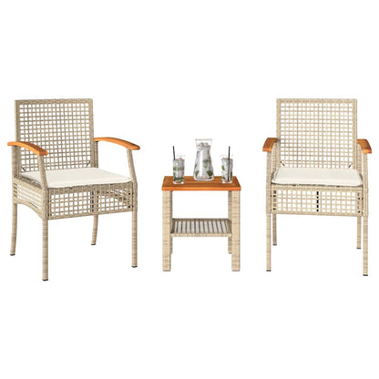 Set da BistrÃ² 3 pz con Cuscini Beige Polyrattan e Legno Acacia
