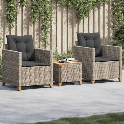 Set da BistrÃ² 3 pz con Cuscini Grigio Polyrattan e Legno Acacia