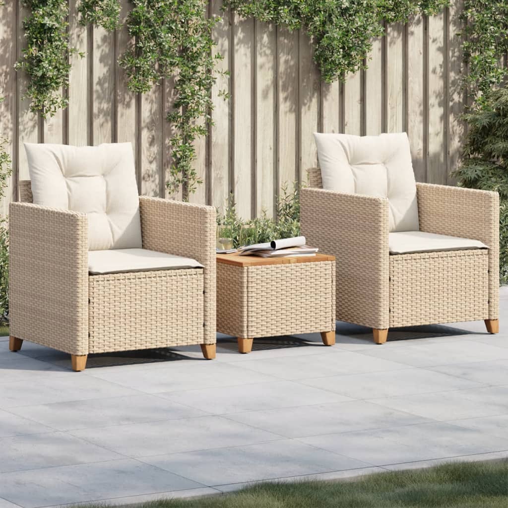 Set da BistrÃ² 3 pz con Cuscini Beige Polyrattan e Legno Acacia
