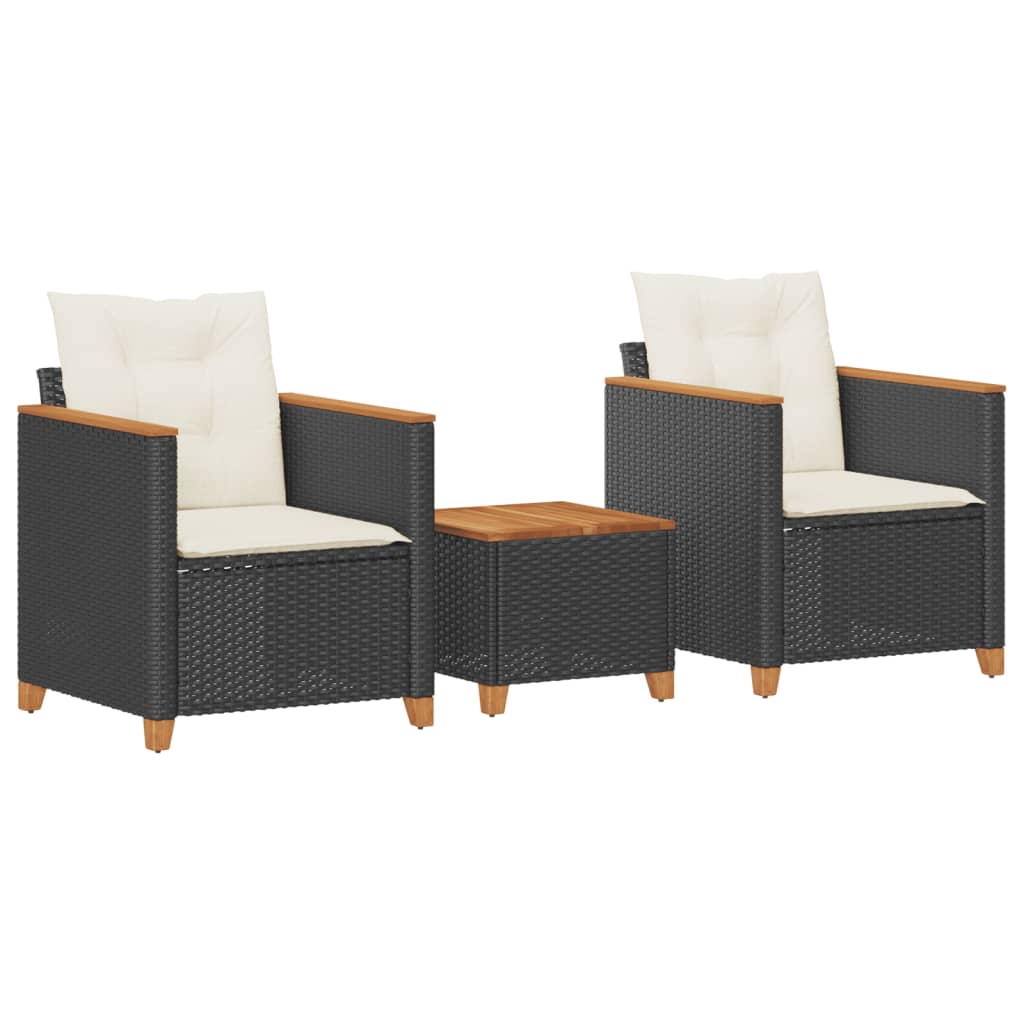 Set da BistrÃƒÆ’Ã‚Â² 3 pz con Cuscini Nero Polyrattan e Legno Acacia