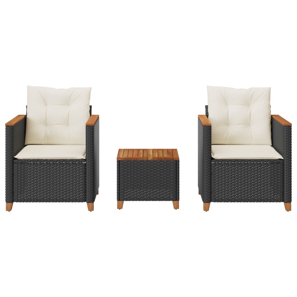 Set da BistrÃƒÆ’Ã‚Â² 3 pz con Cuscini Nero Polyrattan e Legno Acacia