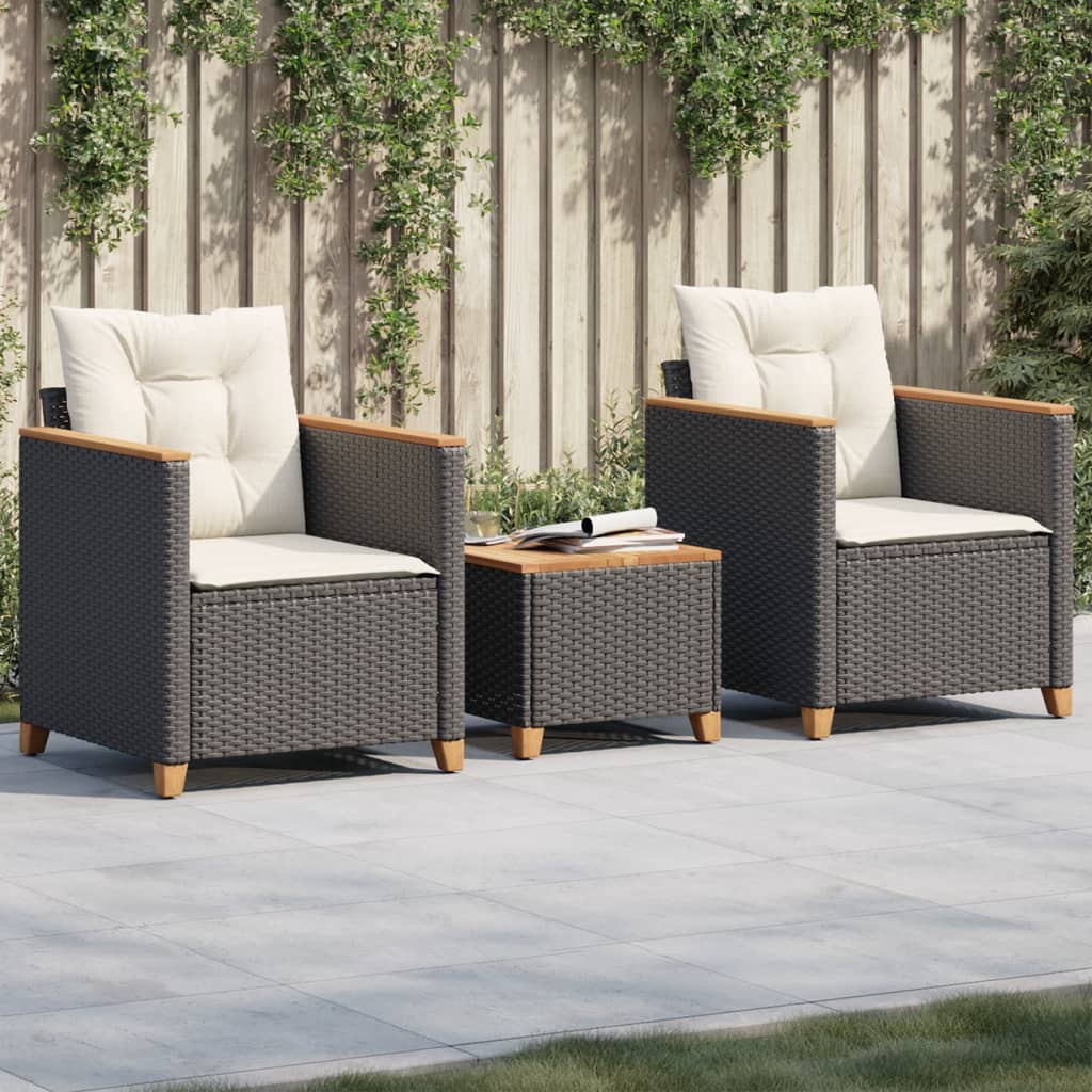 Set da BistrÃƒÆ’Ã‚Â² 3 pz con Cuscini Nero Polyrattan e Legno Acacia