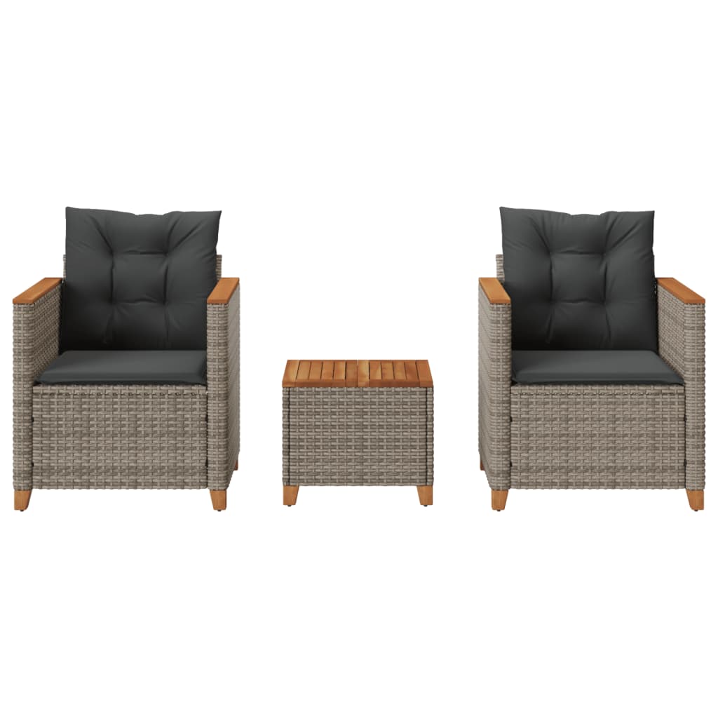 Set da BistrÃ² 3 pz con Cuscini Grigio Polyrattan e Legno Acacia