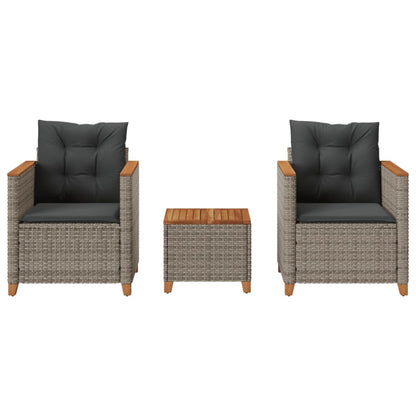 Set da BistrÃ² 3 pz con Cuscini Grigio Polyrattan e Legno Acacia