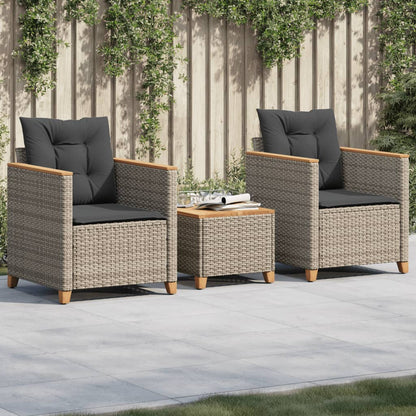 Set da BistrÃ² 3 pz con Cuscini Grigio Polyrattan e Legno Acacia