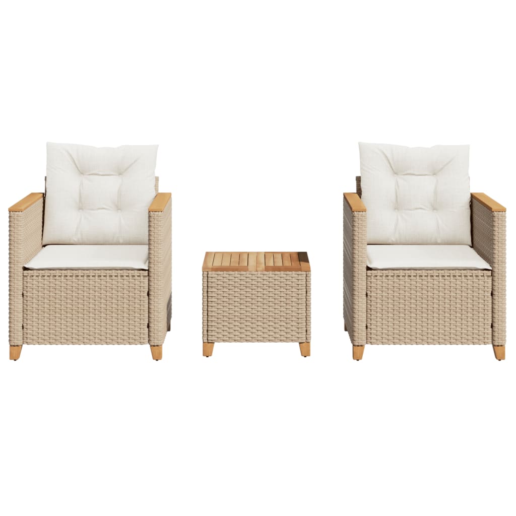 Set da BistrÃ² 3 pz con Cuscini Beige Polyrattan e Legno Acacia