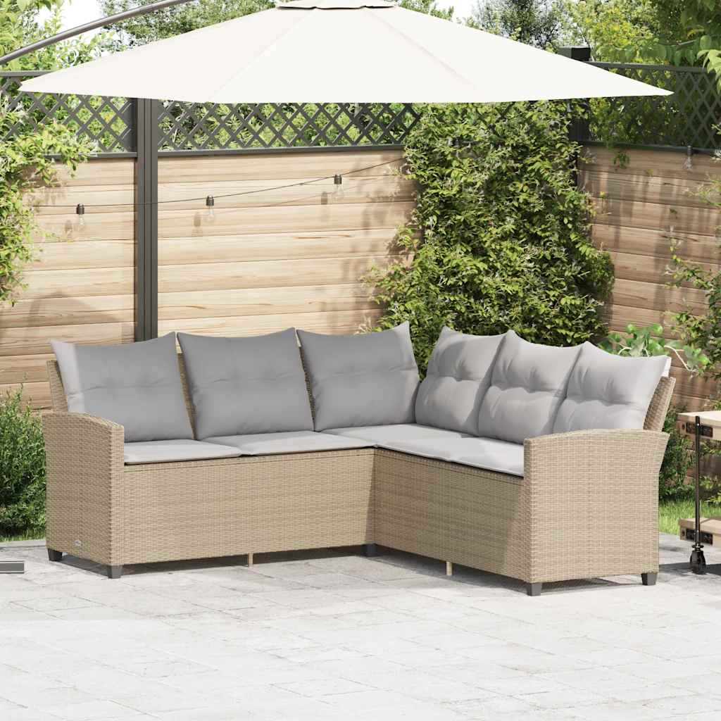 Divano a Forma di L con Cuscini in Polyrattan Beige