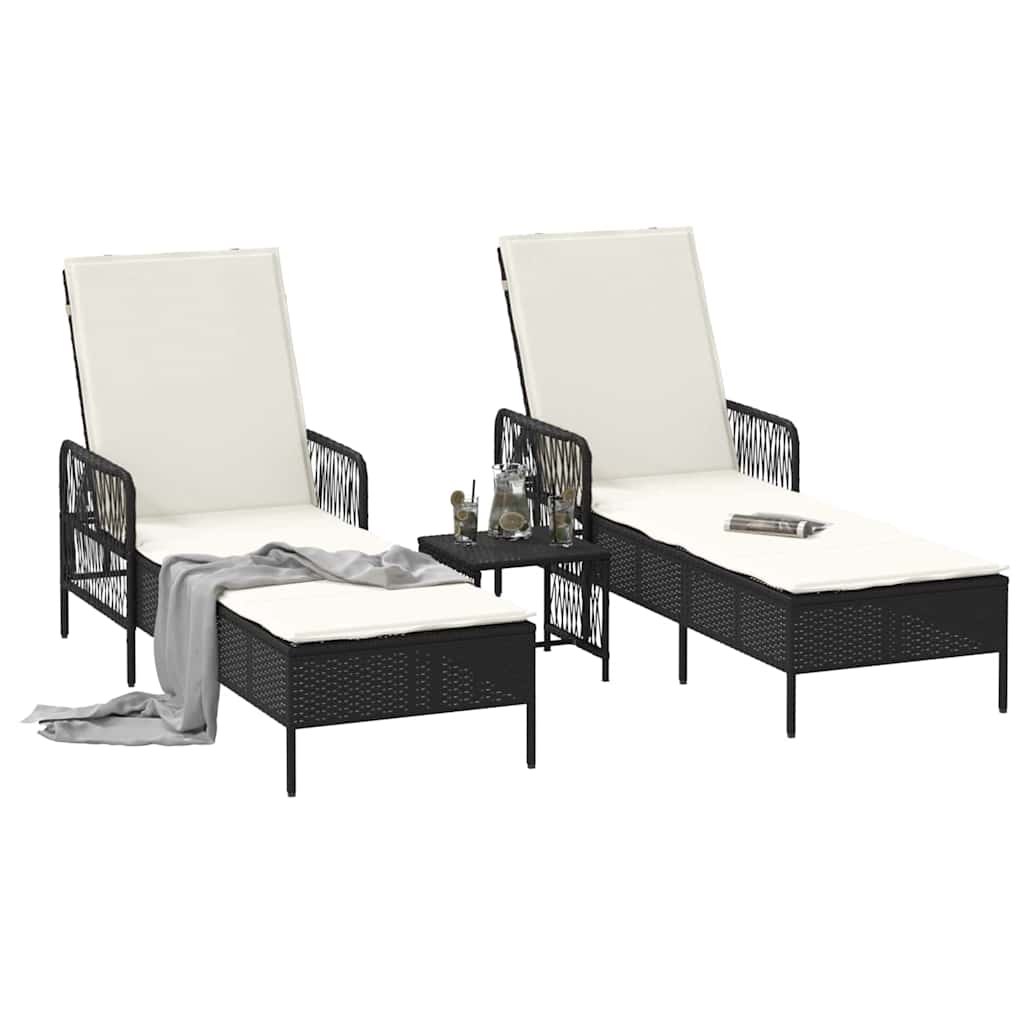 Lettino da sole 2-persona 3 pcs Nero e Bianco Crema polyrattan