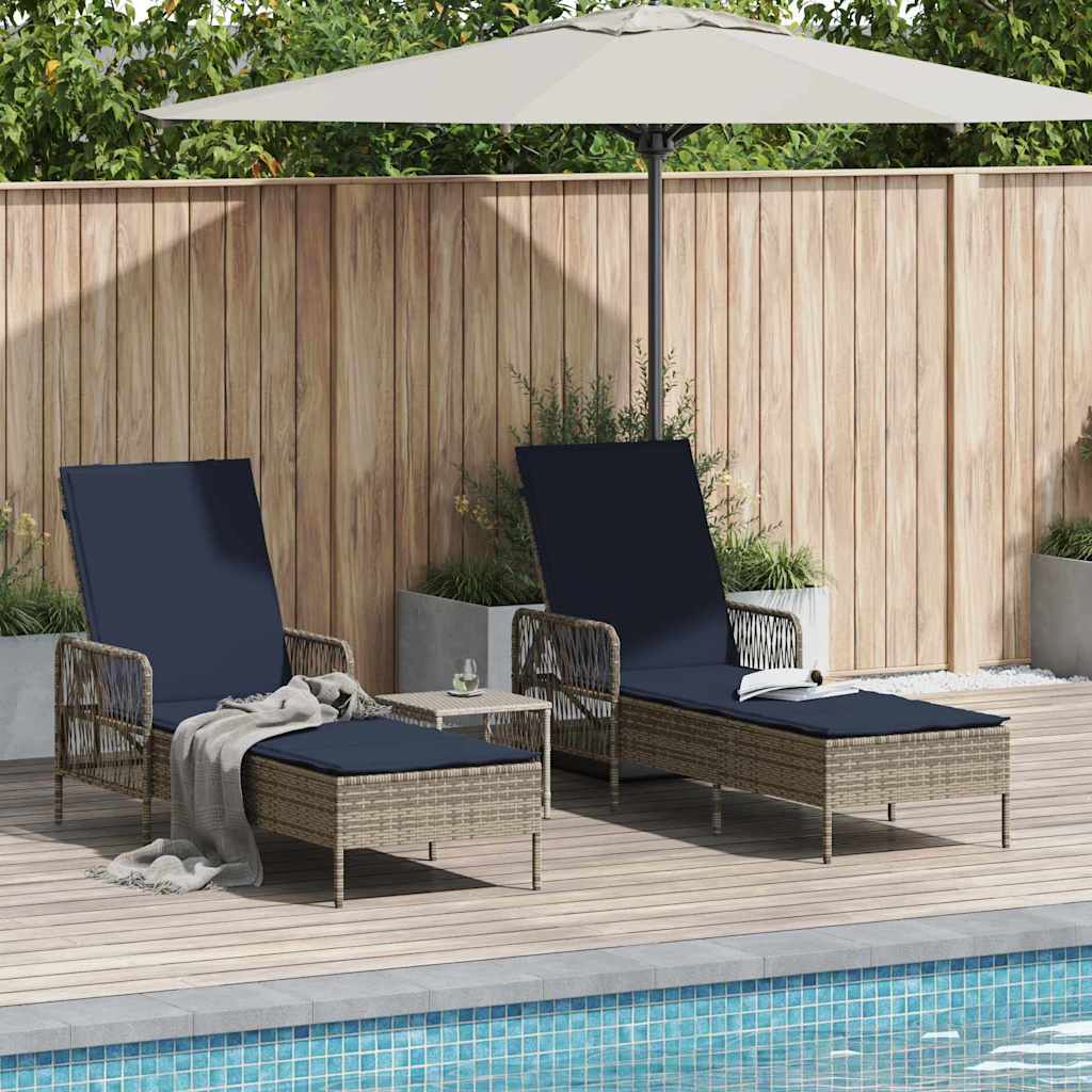 Lettino da sole con cuscino 3 pcs Grigio e Blu Navy polyrattan