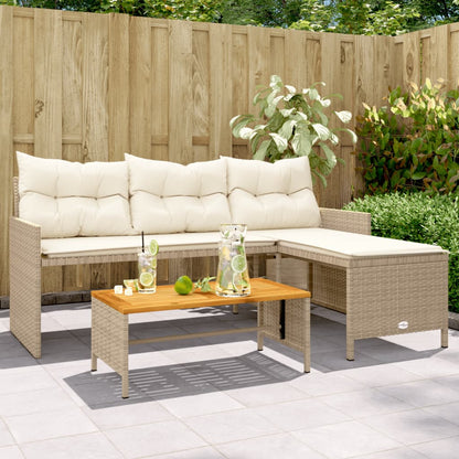 Divano da Giardino con Tavolo e Cuscini a L Beige in Polyrattan