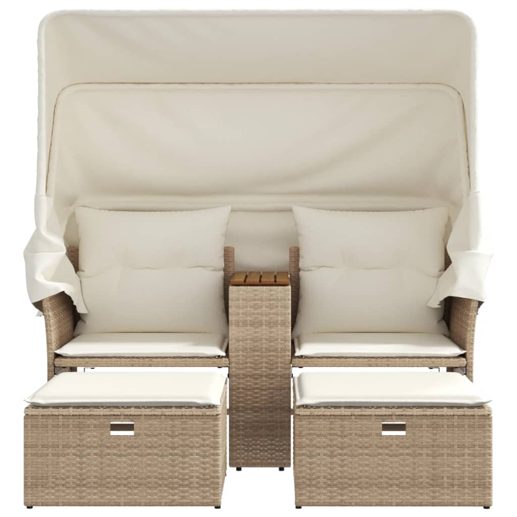 Divano Giardino 2 Posti Baldacchino e Sgabelli Beige Polyrattan