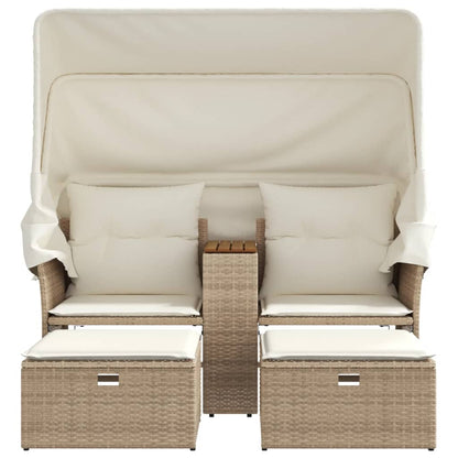 Divano Giardino 2 Posti Baldacchino e Sgabelli Beige Polyrattan