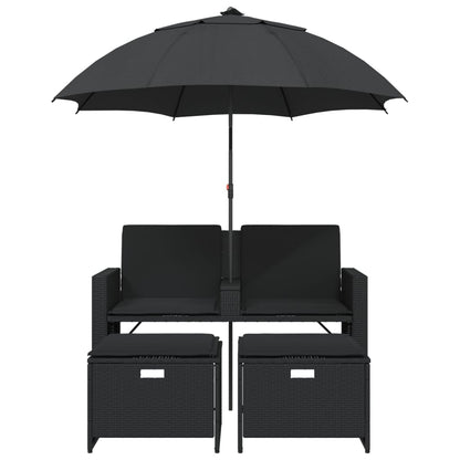 Divano Giardino 2 Posti Ombrellone e Sgabelli Nero Polyrattan