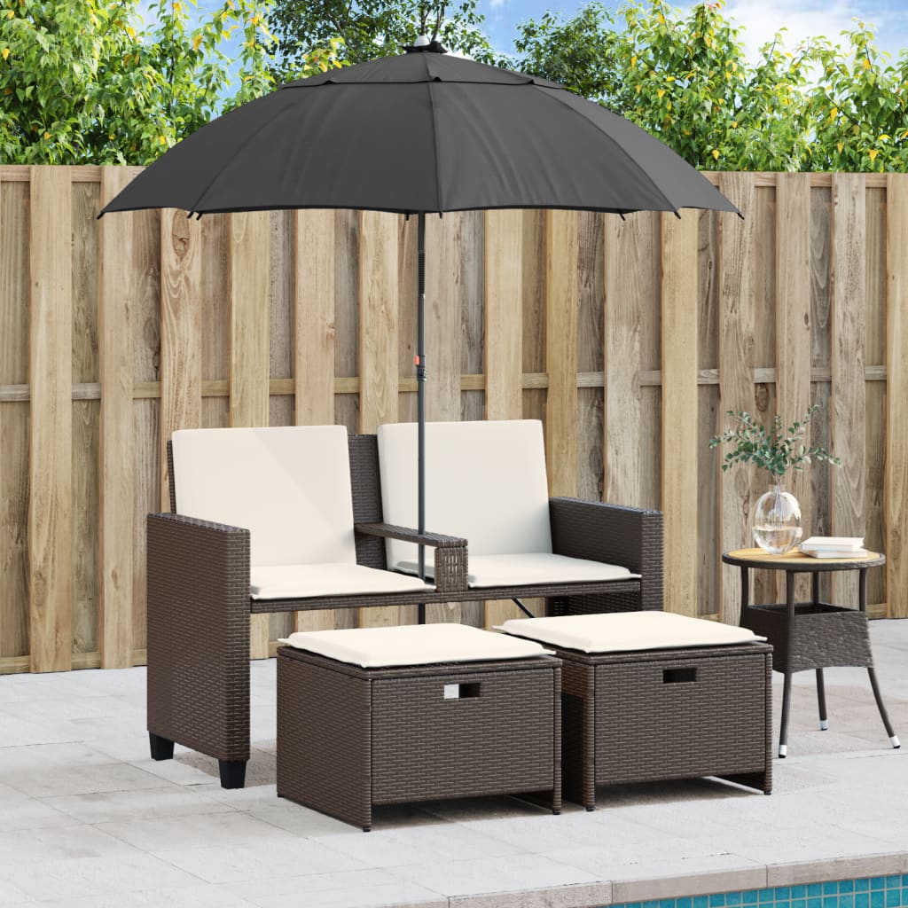 Divano Giardino 2Posti Ombrellone e Sgabelli Marrone Polyrattan