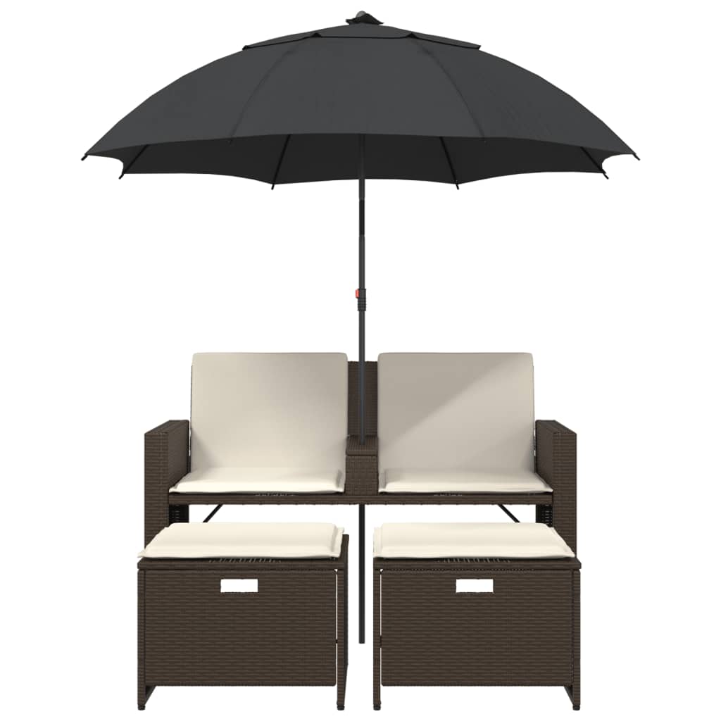 Divano Giardino 2Posti Ombrellone e Sgabelli Marrone Polyrattan