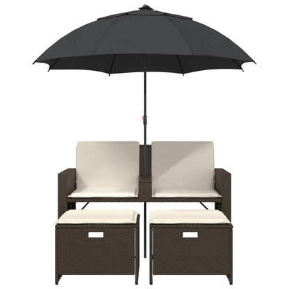 Divano Giardino 2Posti Ombrellone e Sgabelli Marrone Polyrattan