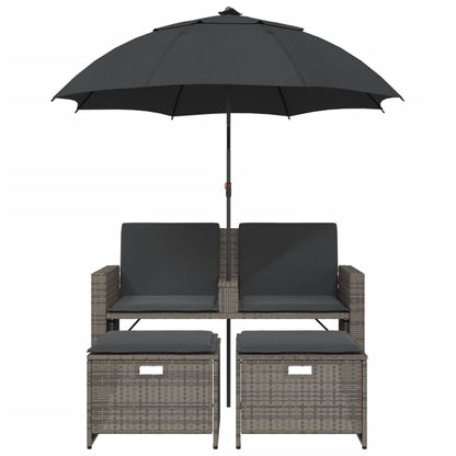 Divano Giardino 2Posti Ombrellone e Sgabelli Grigio Polyrattan