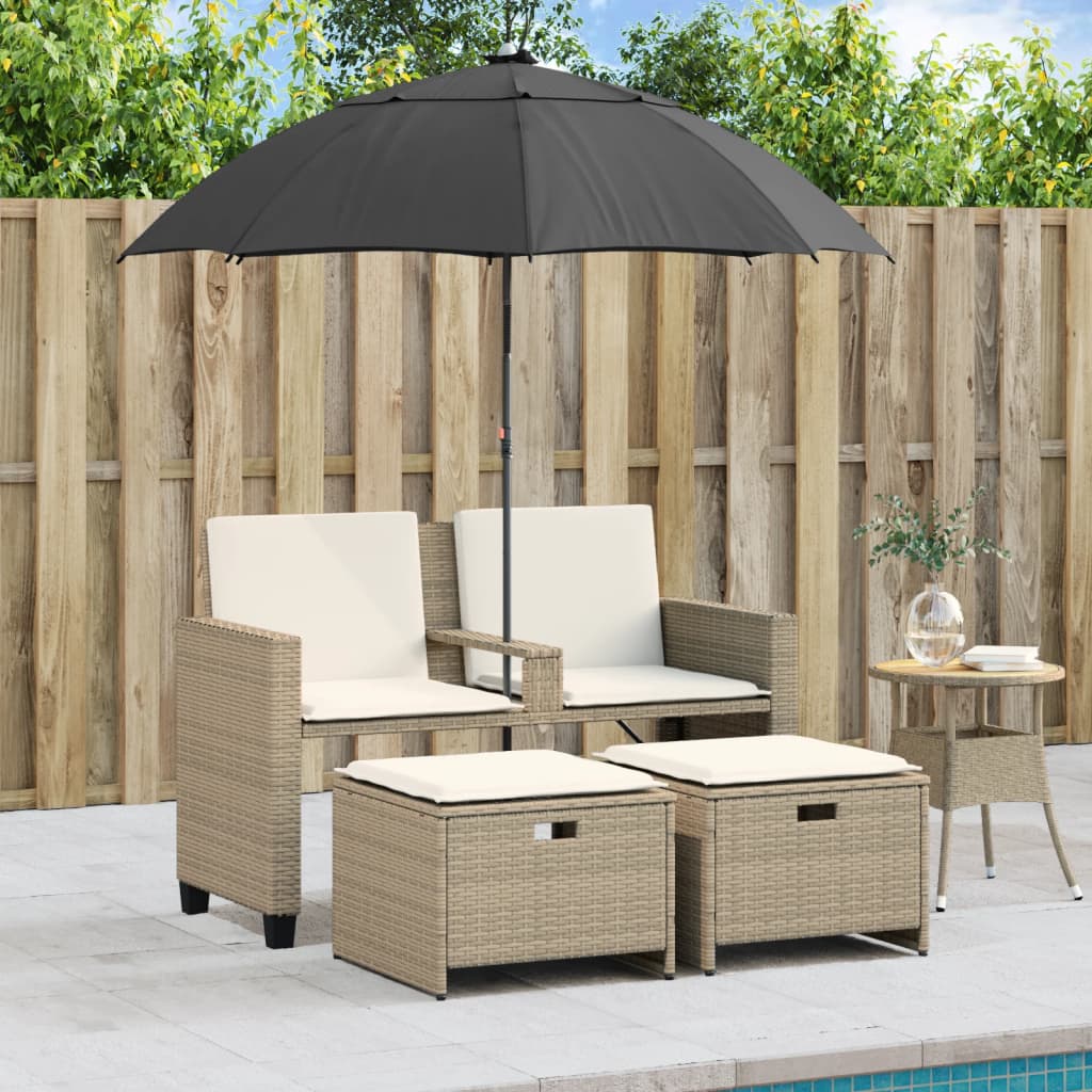 Divano Giardino 2Posti Ombrellone e Sgabelli Beige Polyrattan