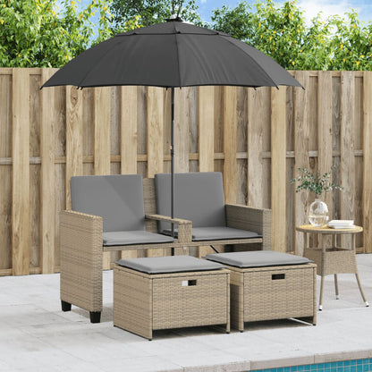 Divano Giardino 2Posti Ombrellone e Sgabelli Beige Polyrattan