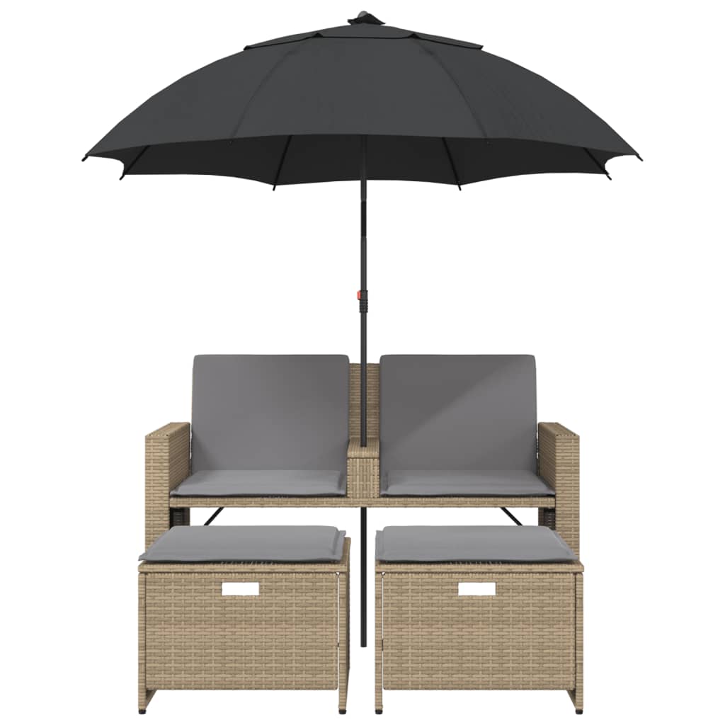 Divano Giardino 2Posti Ombrellone e Sgabelli Beige Polyrattan