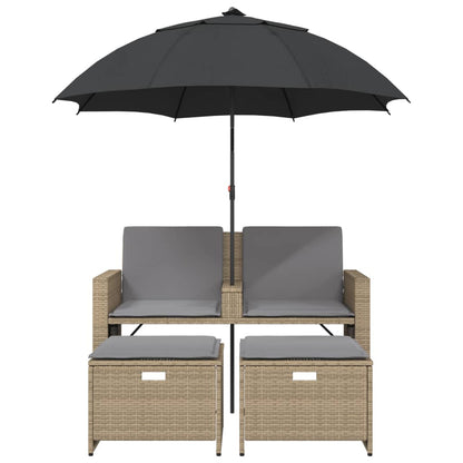 Divano Giardino 2Posti Ombrellone e Sgabelli Beige Polyrattan