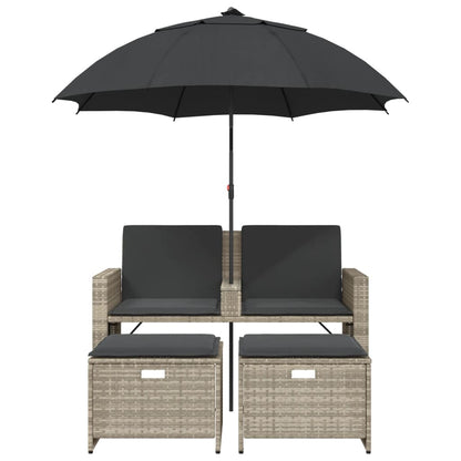 Divano 2Posti Ombrellone e Sgabelli Grigio Chiaro Polyrattan