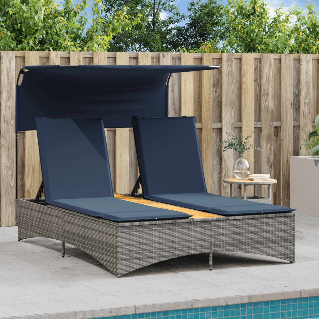 Lettino prendisole doppio con baldacchino e cuscini grigio in polyrattan