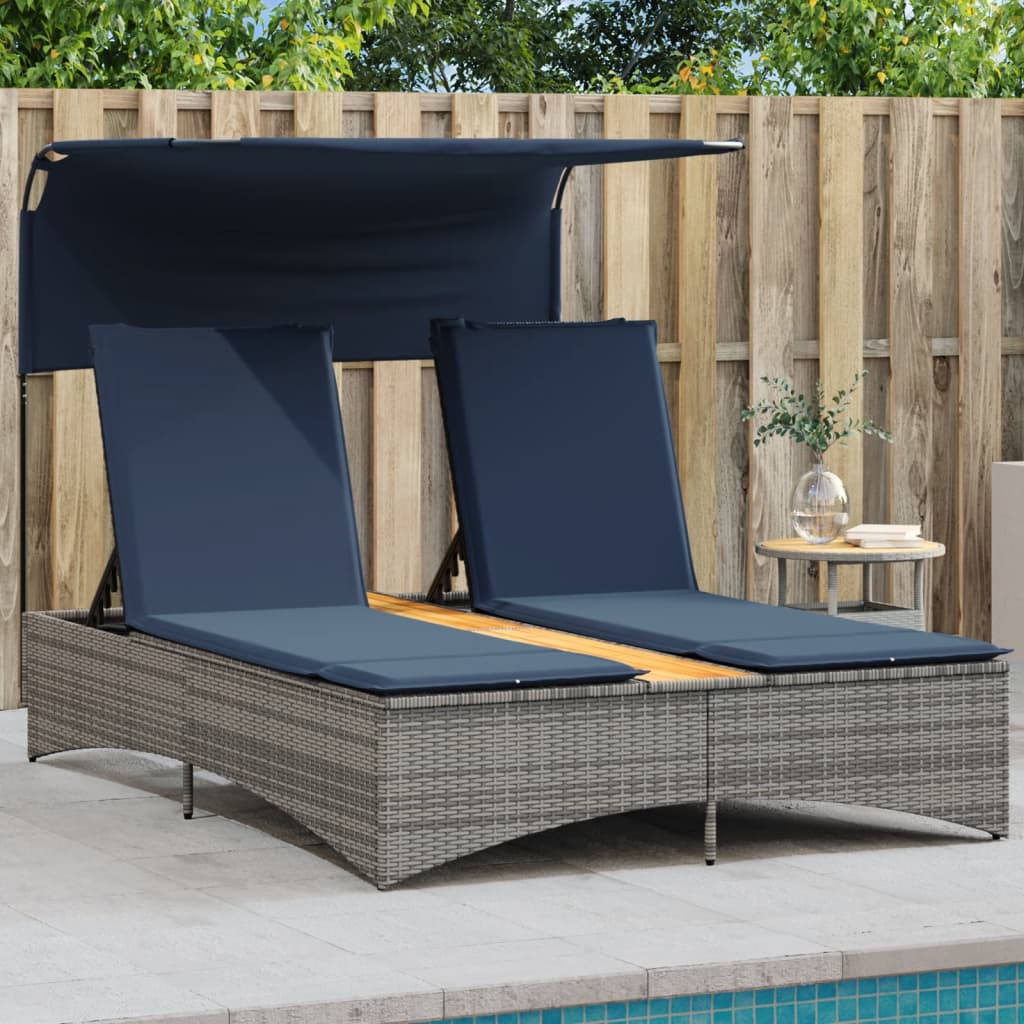 Lettino prendisole doppio con baldacchino e cuscini grigio in polyrattan