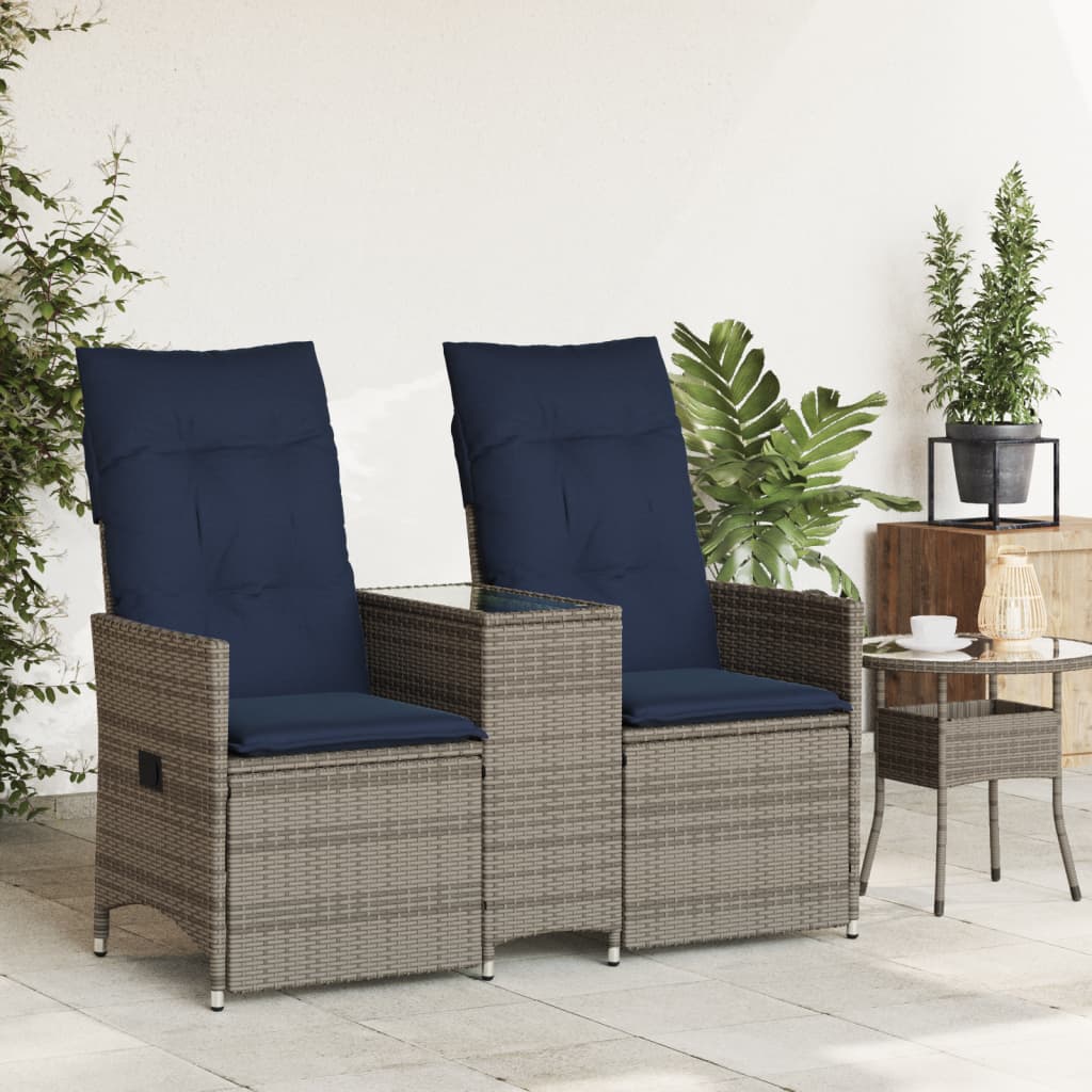 Divano da giardino reclinabile a 2 posti con tavolo grigio in polyrattan