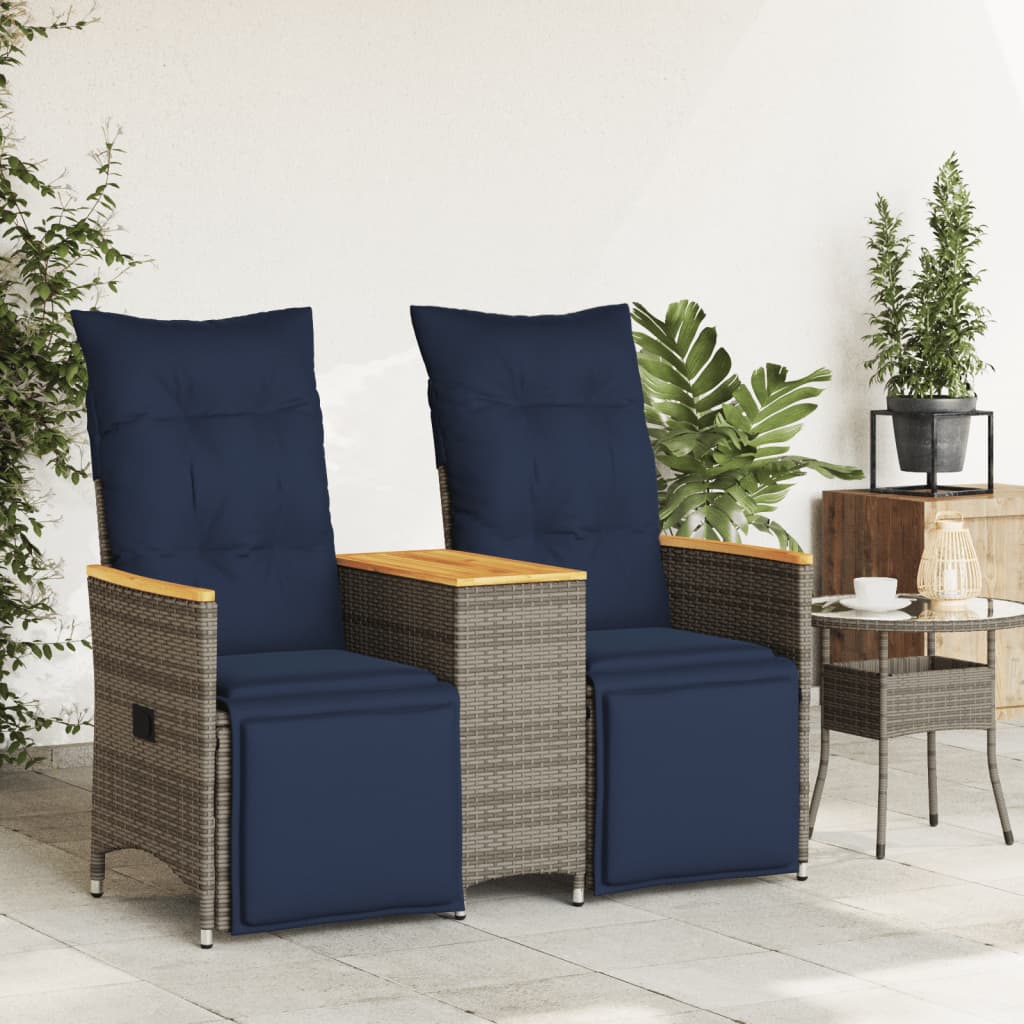 Divano da giardino reclinabile a 2 posti con tavolo grigio in polyrattan