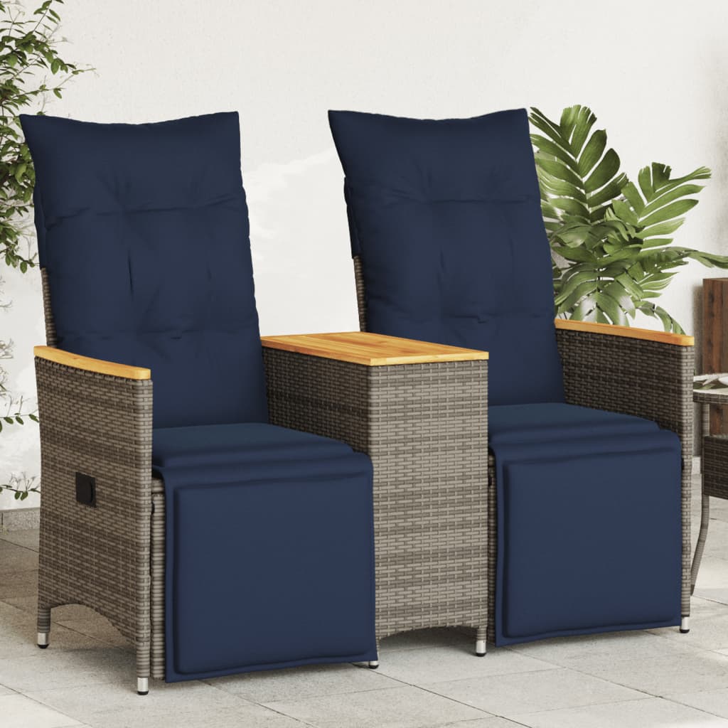 Divano da giardino reclinabile a 2 posti con tavolo grigio in polyrattan