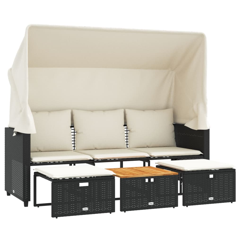 Divano Giardino 3 Posti Baldacchino e Sgabelli Nero Polyrattan