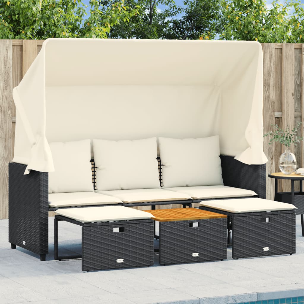 Divano Giardino 3 Posti Baldacchino e Sgabelli Nero Polyrattan